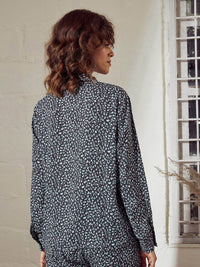 SASSAFRAS Charcoal Animal Printed Tie-Up Neck Shirt Style Top