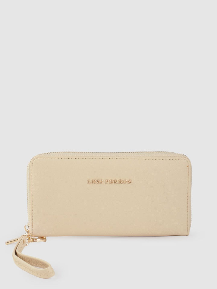 Lino Perros Women Beige Saffiano Textured Zip Around Wallet