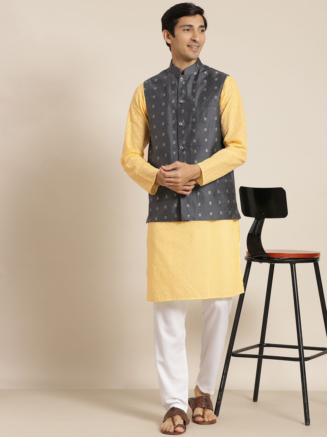 SOJANYA Men Yellow Chikankari Pure Cotton Kurta with Churidar & Nehru Jacket