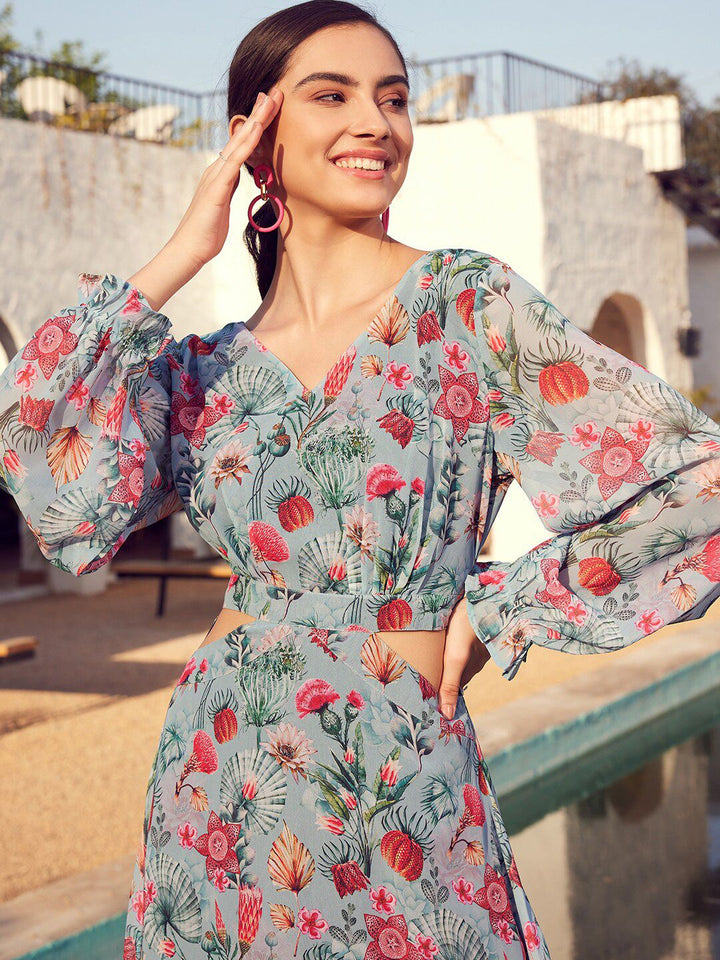 STREET 9 Green & Pink Floral Printed Bell Sleeve Maxi Dress