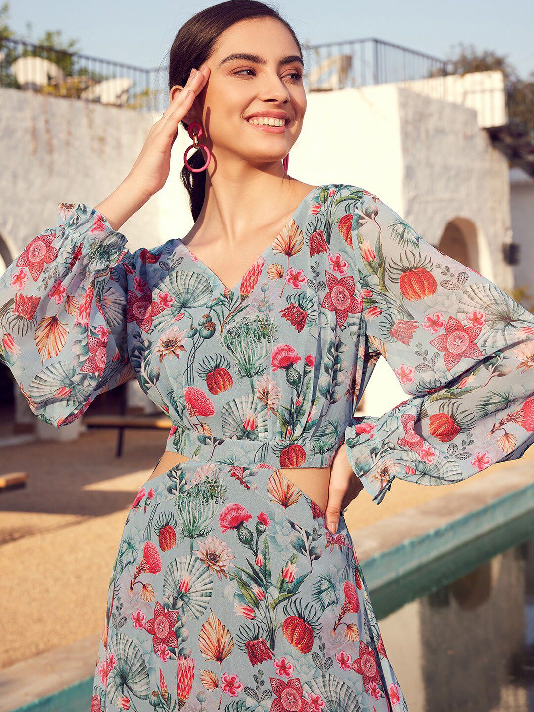 STREET 9 Green & Pink Floral Printed Bell Sleeve Maxi Dress
