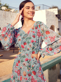 STREET 9 Green & Pink Floral Printed Bell Sleeve Maxi Dress