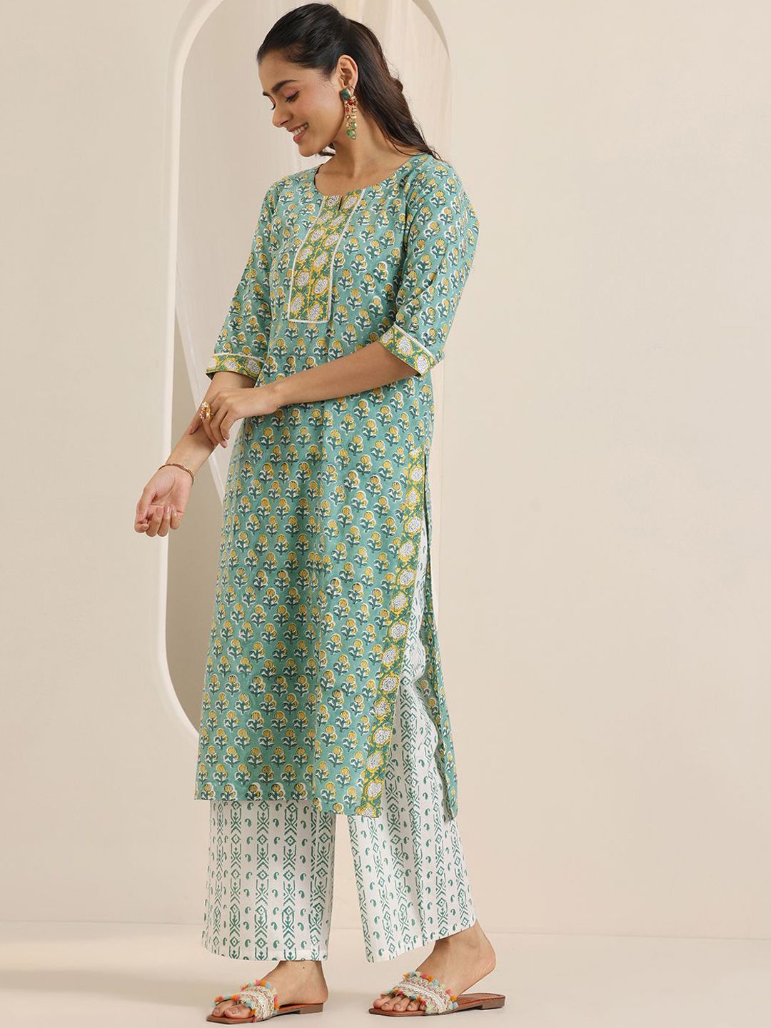 Libas Floral Printed Notch-Neck Straight Kurta With Palazzos And Dupatta