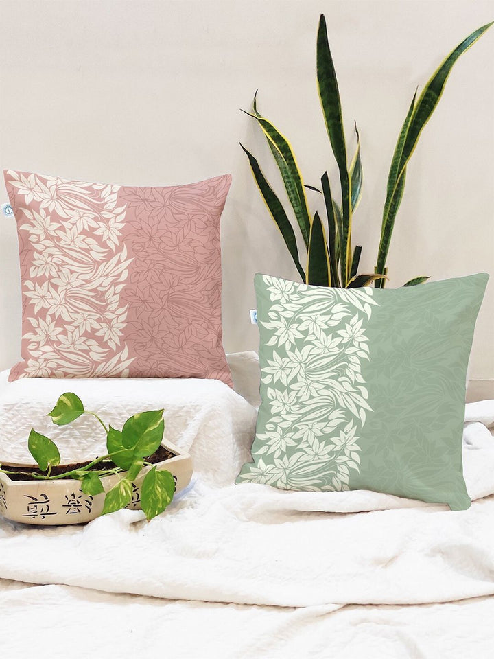 STITCHNEST Teal & Peach-Coloured Set of 2 Floral Square Cushion Covers