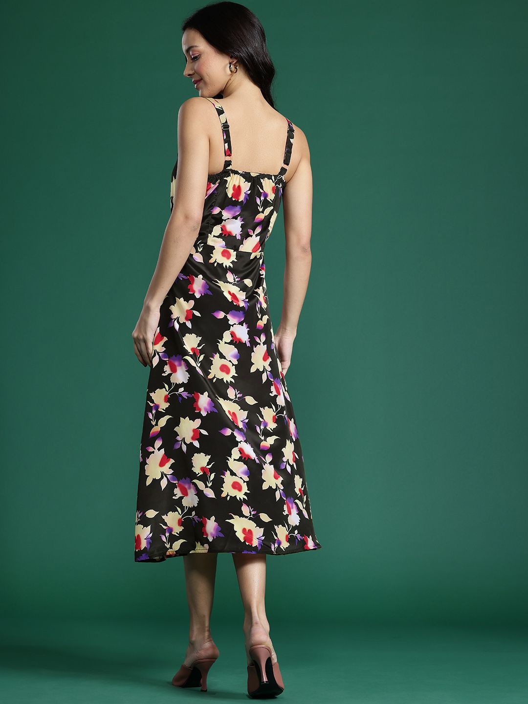 DressBerry Floral Print Ruched A-Line Midi Dress