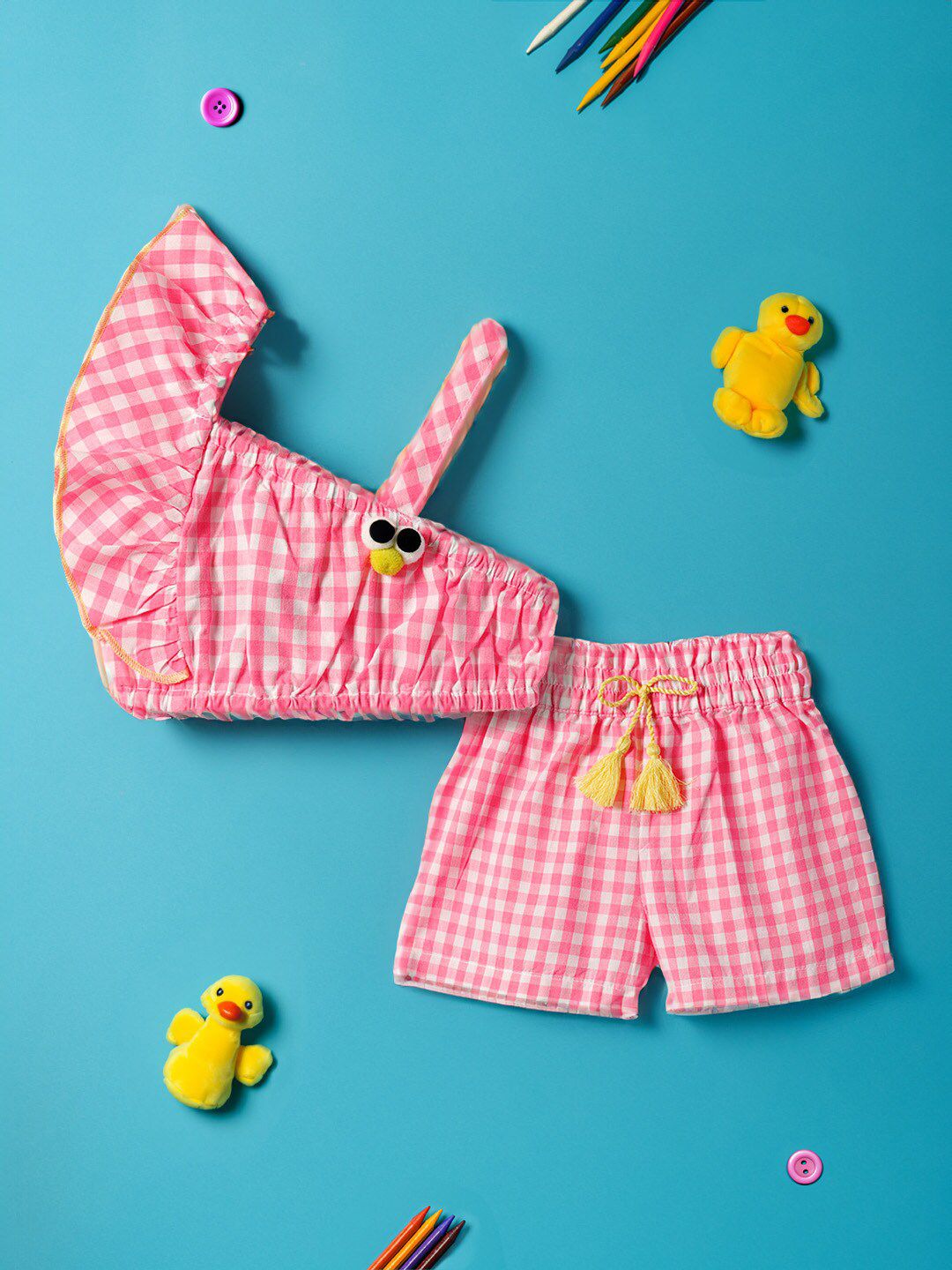 Nauti Nati Girls Checked One Shoulder Ruffled Pure Cotton Crop Top With Shorts