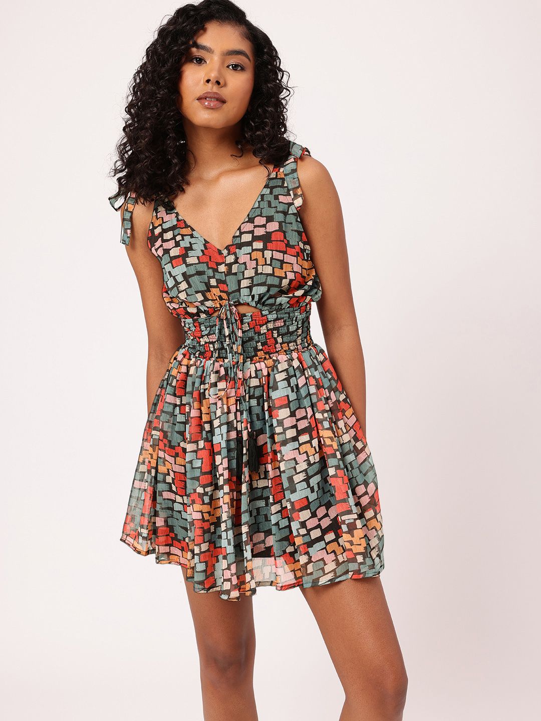 Coachella Hippie Cinched Waist Smocked Cut-Outs A-Line Mini Dress