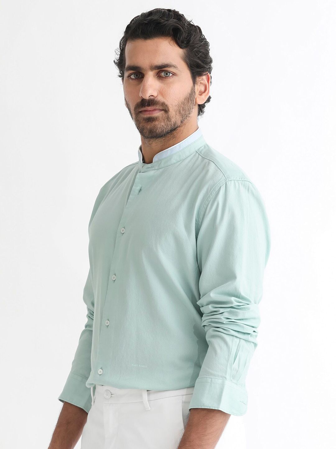 RARE RABBIT Men Tehran Slim Fit Band Collar Cotton Shirt