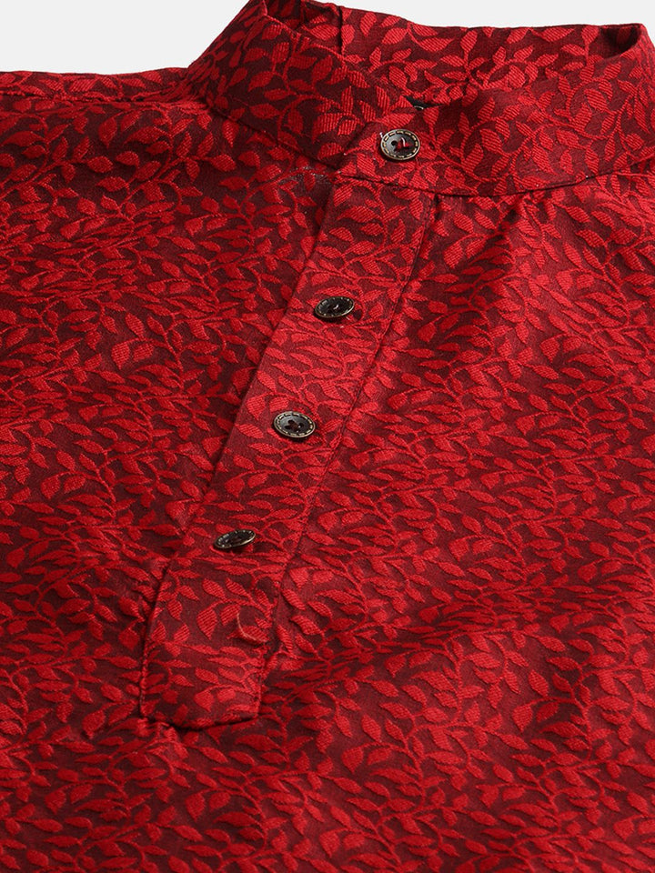 SOJANYA Men Maroon Jacquard Silk Kurta with Churidar & Nehru Jacket
