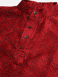 SOJANYA Men Maroon Jacquard Silk Kurta with Churidar & Nehru Jacket