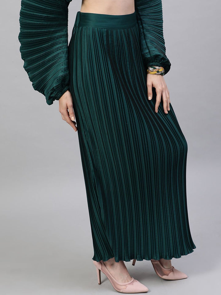 STREET 9 Women Green Solid Satin Finish Accordion Pleated Maxi A-Line Skirt