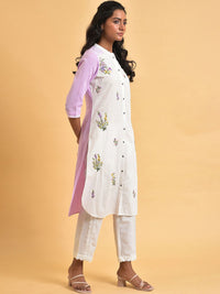 W Floral Printed Mandarin Collar Pure Cotton Straight Kurta