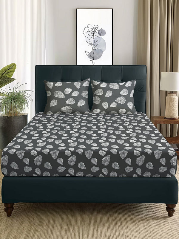 Story@home Arena Grey & White Floral Printed 180 TC Queen Bedsheet & 2 Pillow Covers