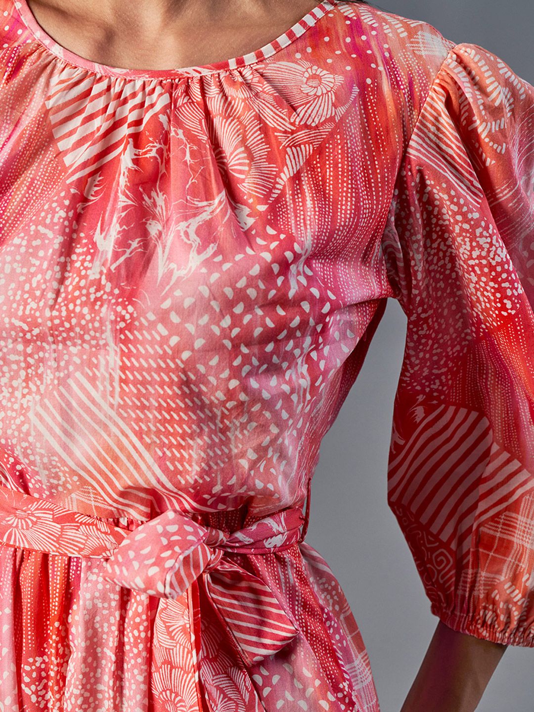 AND Floral Printed Round Neck Puff Sleeve Fit & Flare Dress