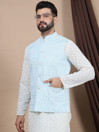 Anouk Floral Embroidered Regular Pure Cotton Straight Kurta With Churidar & Nehru Jacket