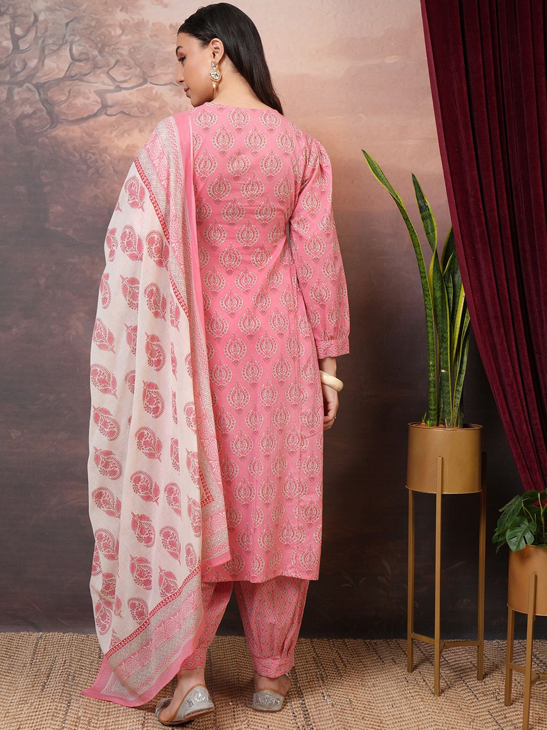 Vishudh Peach Floral Printed Pure Cotton Panelled A-Line Kurta With Salwar & Dupatta