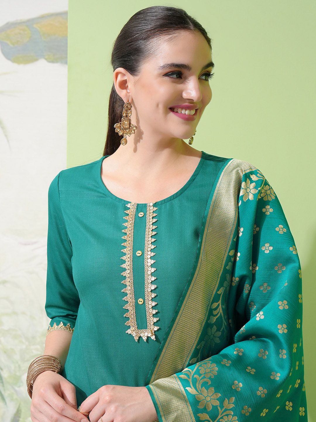 Vishudh Green & Gold Toned Round Neck Embellished Straight Kurta & Palazzos With Dupatta