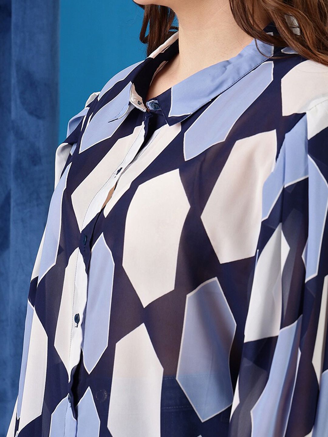 CURVY STREET Plus Size Blue Comfort Geometric Printed Oversized Casual Shirt