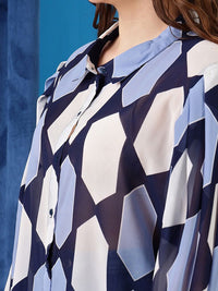 CURVY STREET Plus Size Blue Comfort Geometric Printed Oversized Casual Shirt