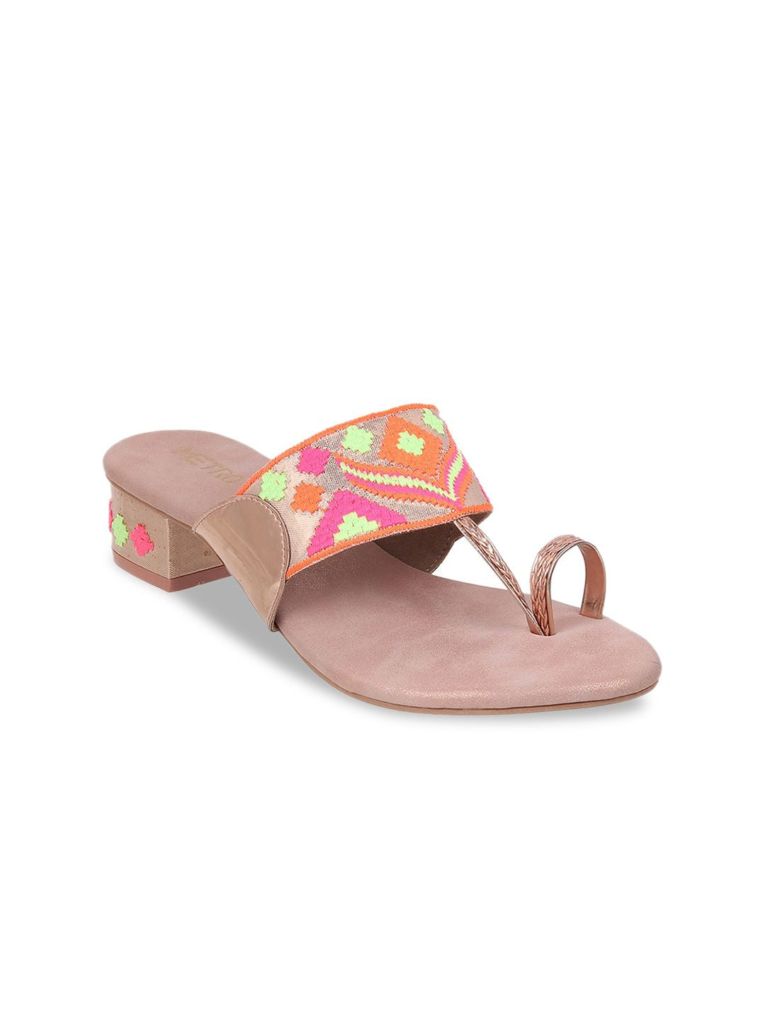 Metro Ethnic Embellished Woven Design Open One Toe Block Heels