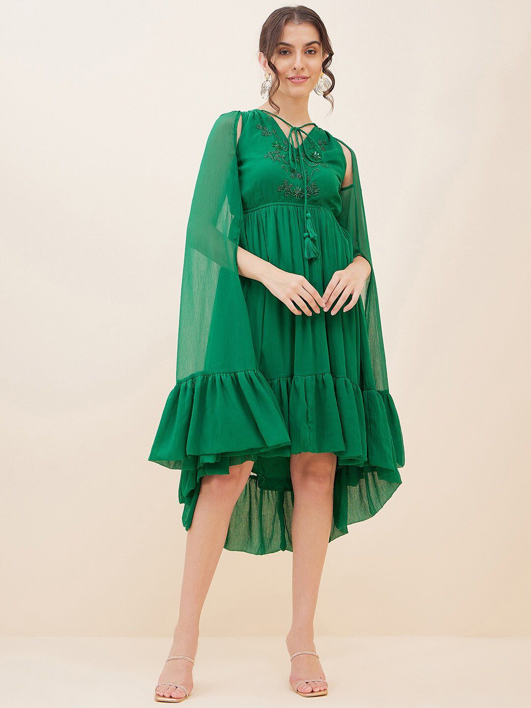 Antheaa Embellished Tie-Up Neck Bell Sleeves Empire Midi Dress