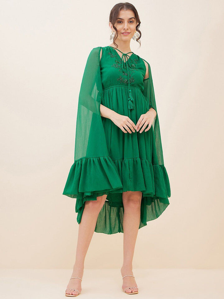 Antheaa Embellished Tie-Up Neck Bell Sleeves Empire Midi Dress