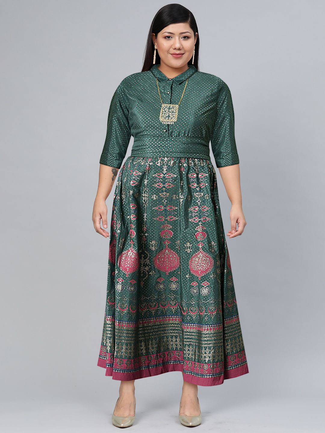 W Women Green Ethnic Motifs Ethnic Maxi Dress