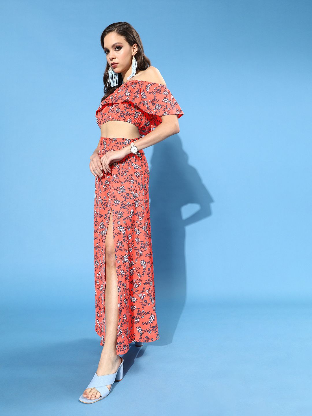 Berrylush Orange Floral Off-Shoulder Crepe Maxi Dress