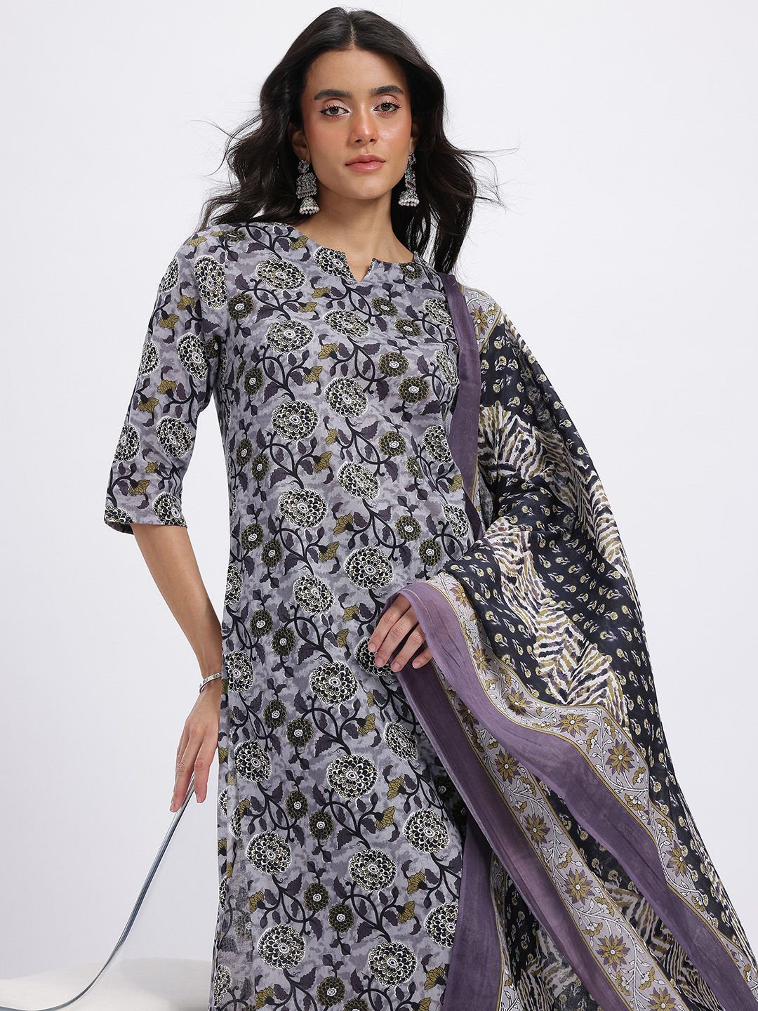 Anouk Floral Print Pure Cotton Straight Kurta with Trousers & Dupatta