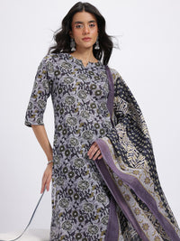 Anouk Floral Print Pure Cotton Straight Kurta with Trousers & Dupatta