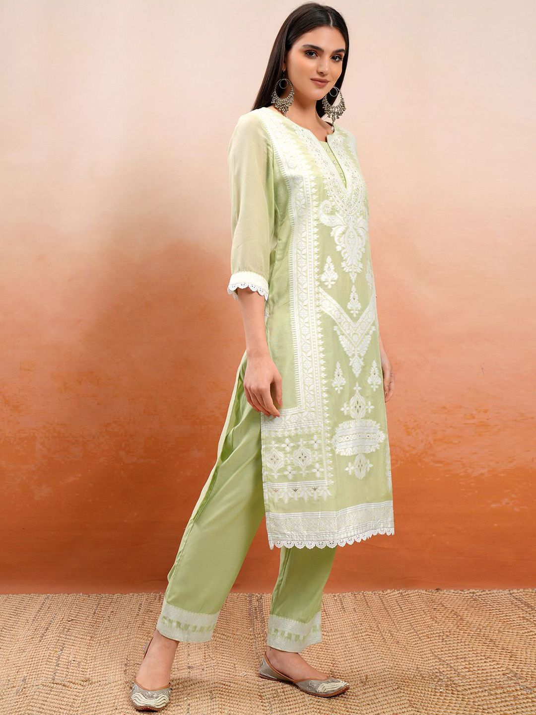 Vishudh Green Embroidered Mirror Work Straight Kurta With Trousers & Dupatta