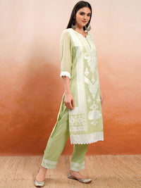 Vishudh Green Embroidered Mirror Work Straight Kurta With Trousers & Dupatta