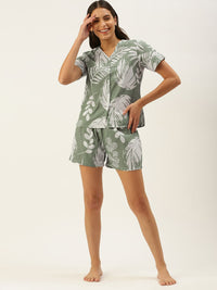 SANSKRUTIHOMES Women Green & White Pure Cotton Printed Shorts Set