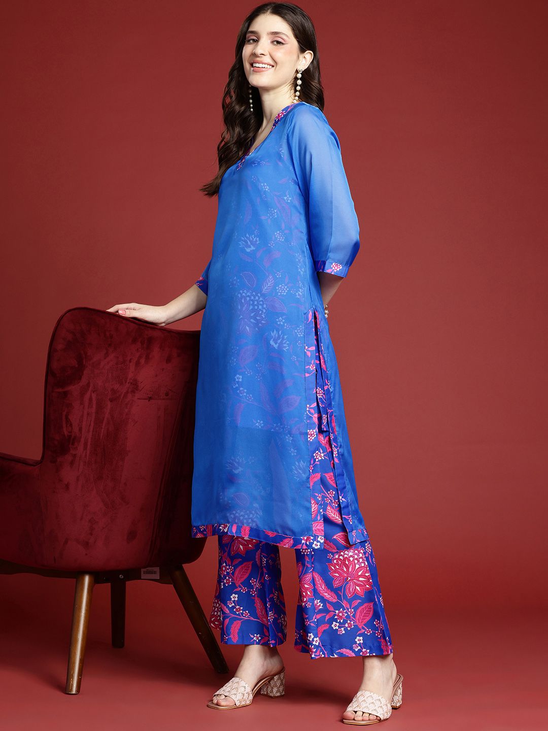 Anouk Floral Printed Layered Kurta with Palazzos