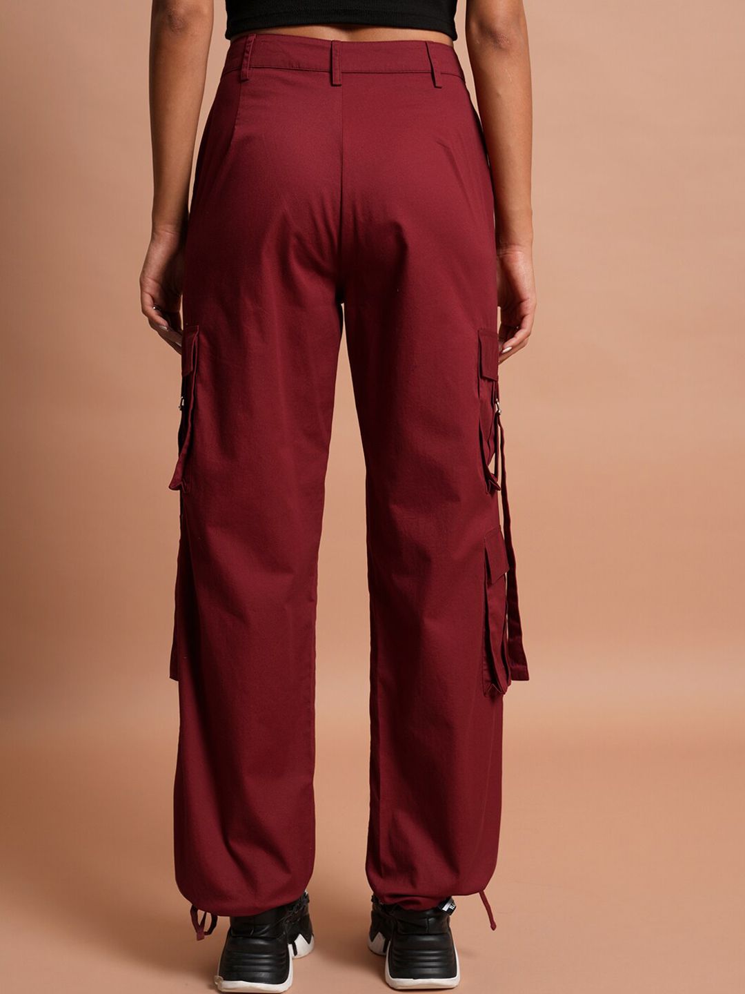 Tokyo Talkies Women Maroon Flared High Rise Cotton Cargos Trousers