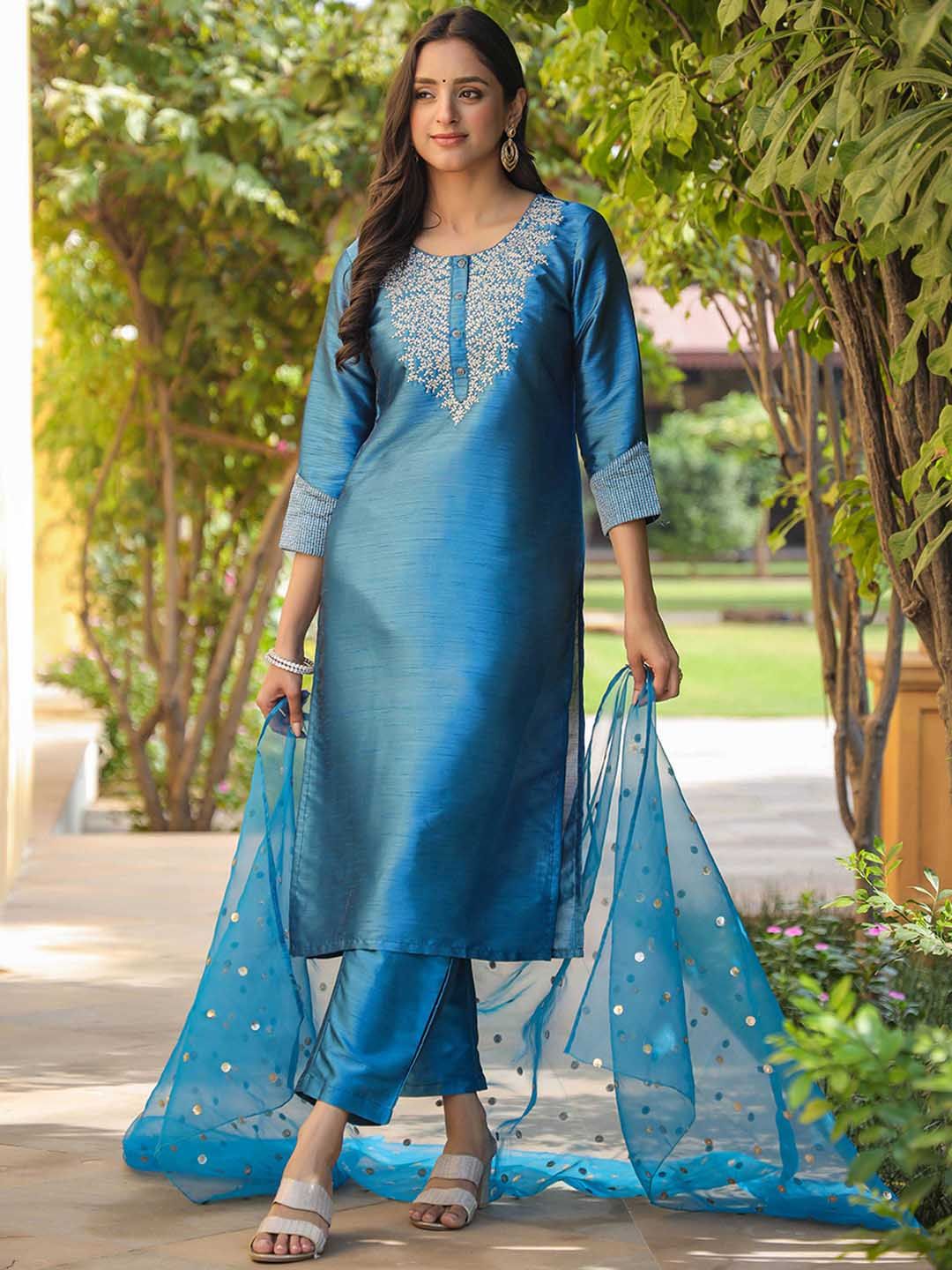 KALINI Ethnic Motifs Embroidered Straight Kurta & Trousers With Dupatta