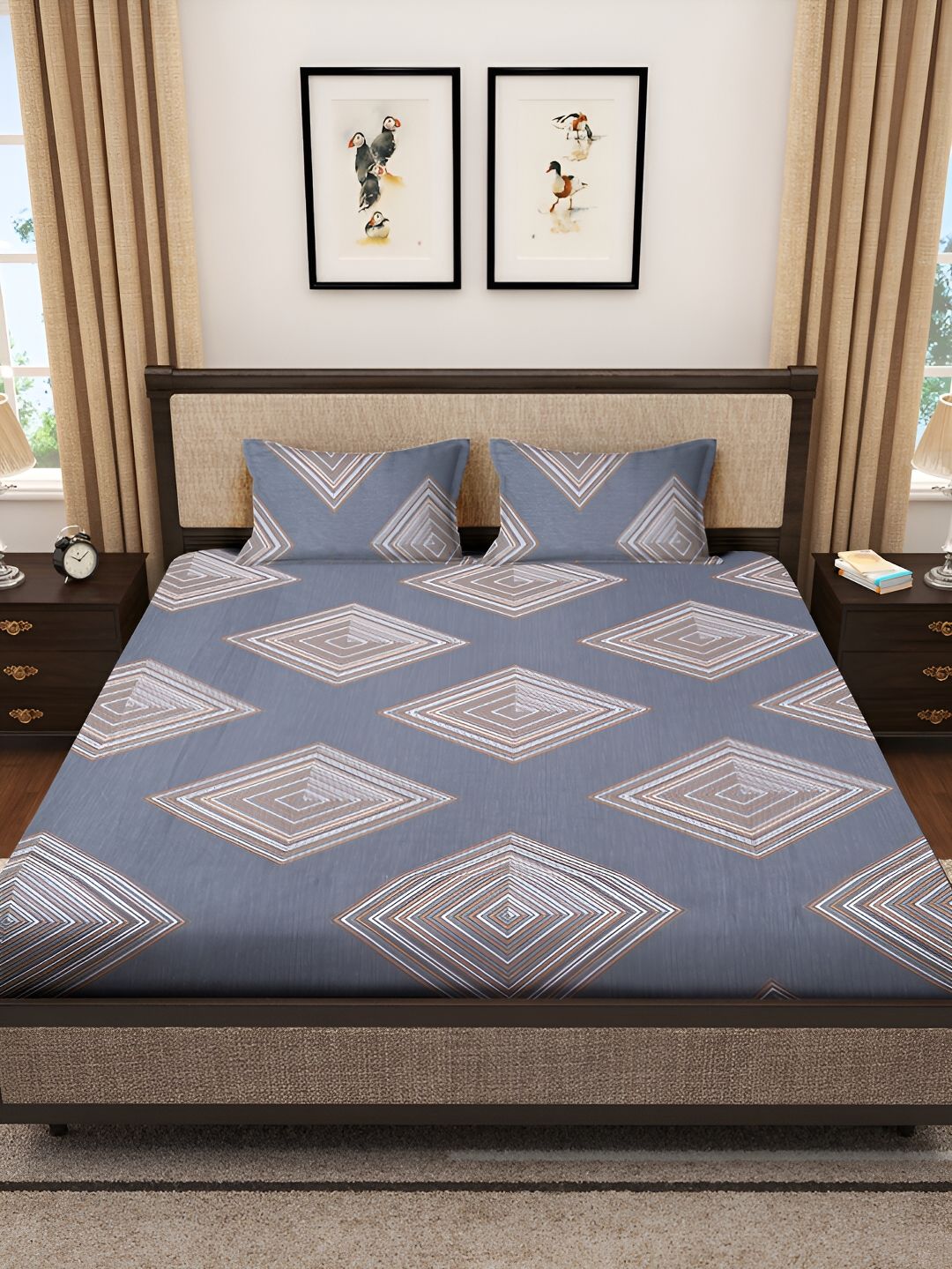 KLOTTHE Printed 300 TC Double Fitted Bedsheet with 2 Pillow Cover In Book Fold Packing
