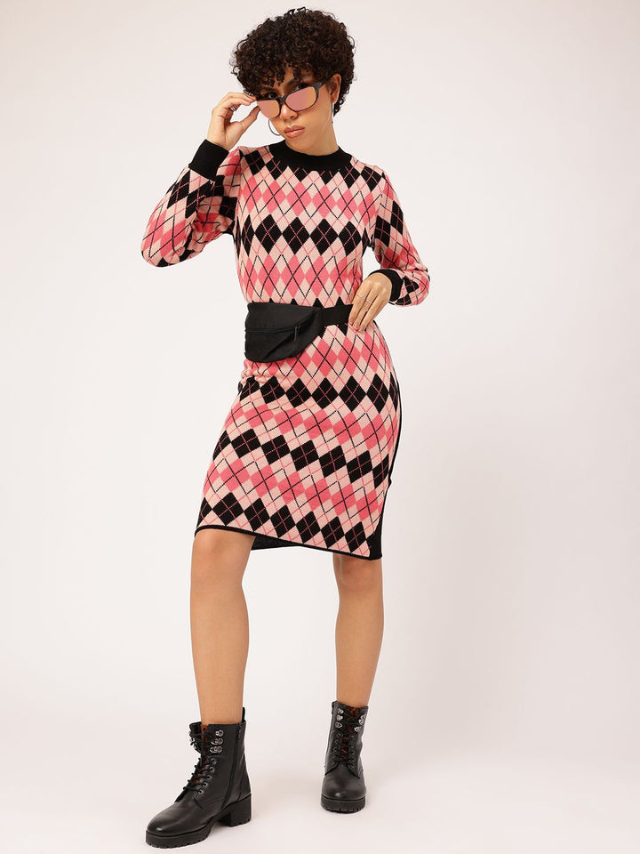 DressBerry Pink and Black Geometric Knee Length Jumper Dress