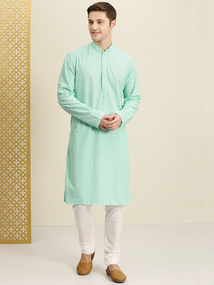House of Pataudi Men Turquoise Blue Chikankari Embroidered Straight Kurta