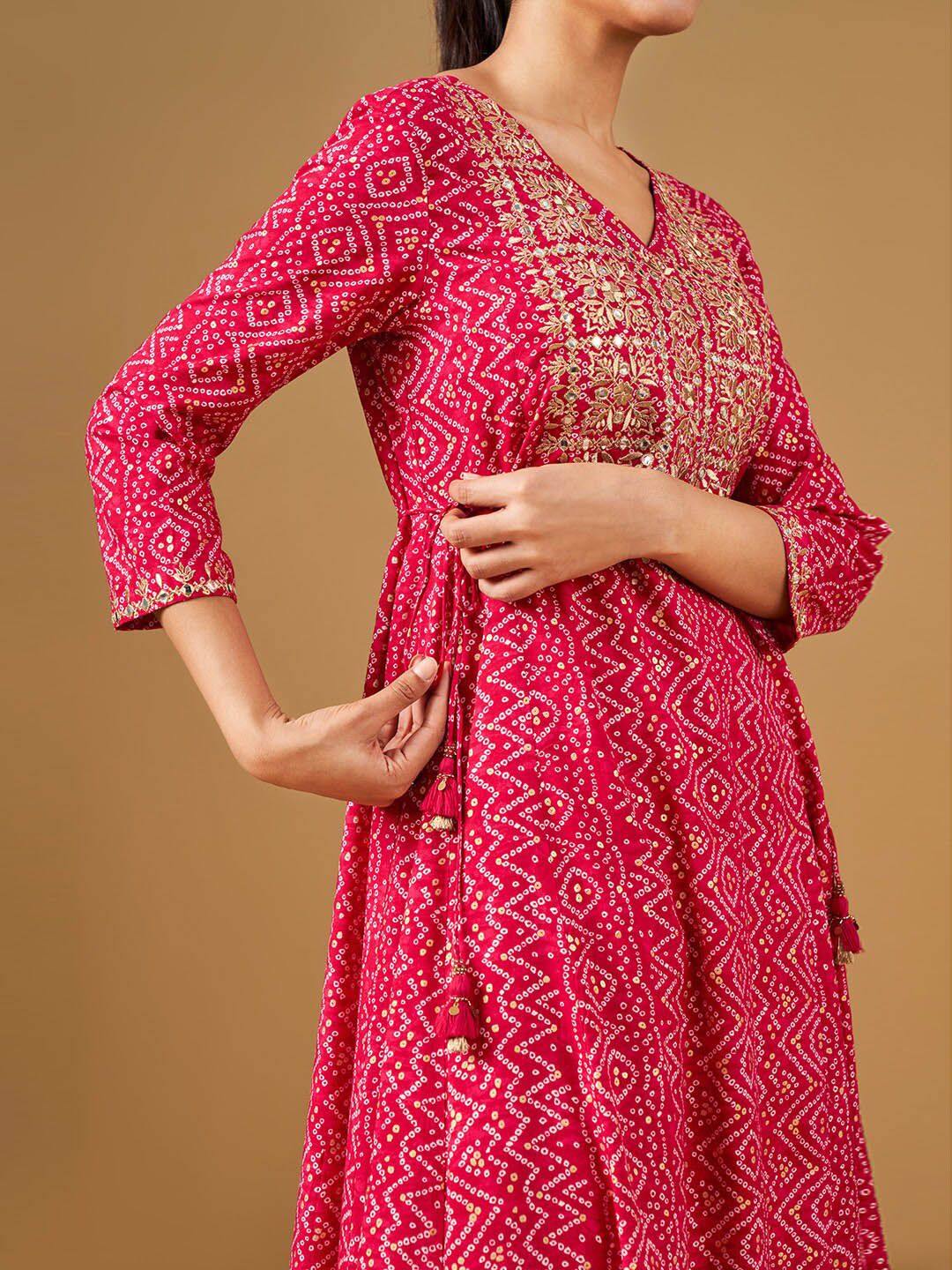 Global Desi Ethnic Motifs Printed Round Neck Mirror Work Anarkali Kurta
