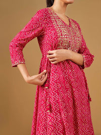 Global Desi Ethnic Motifs Printed Round Neck Mirror Work Anarkali Kurta