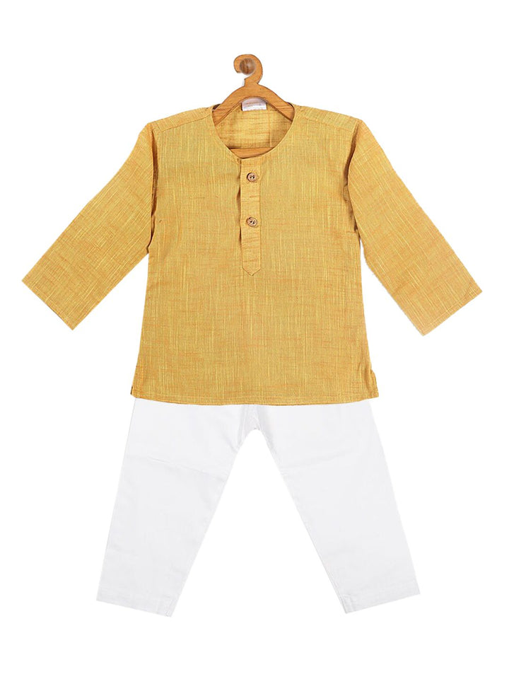 VASTRAMAY Kids Boys Yellow and White Pure Cotton Kurta with Pyjama