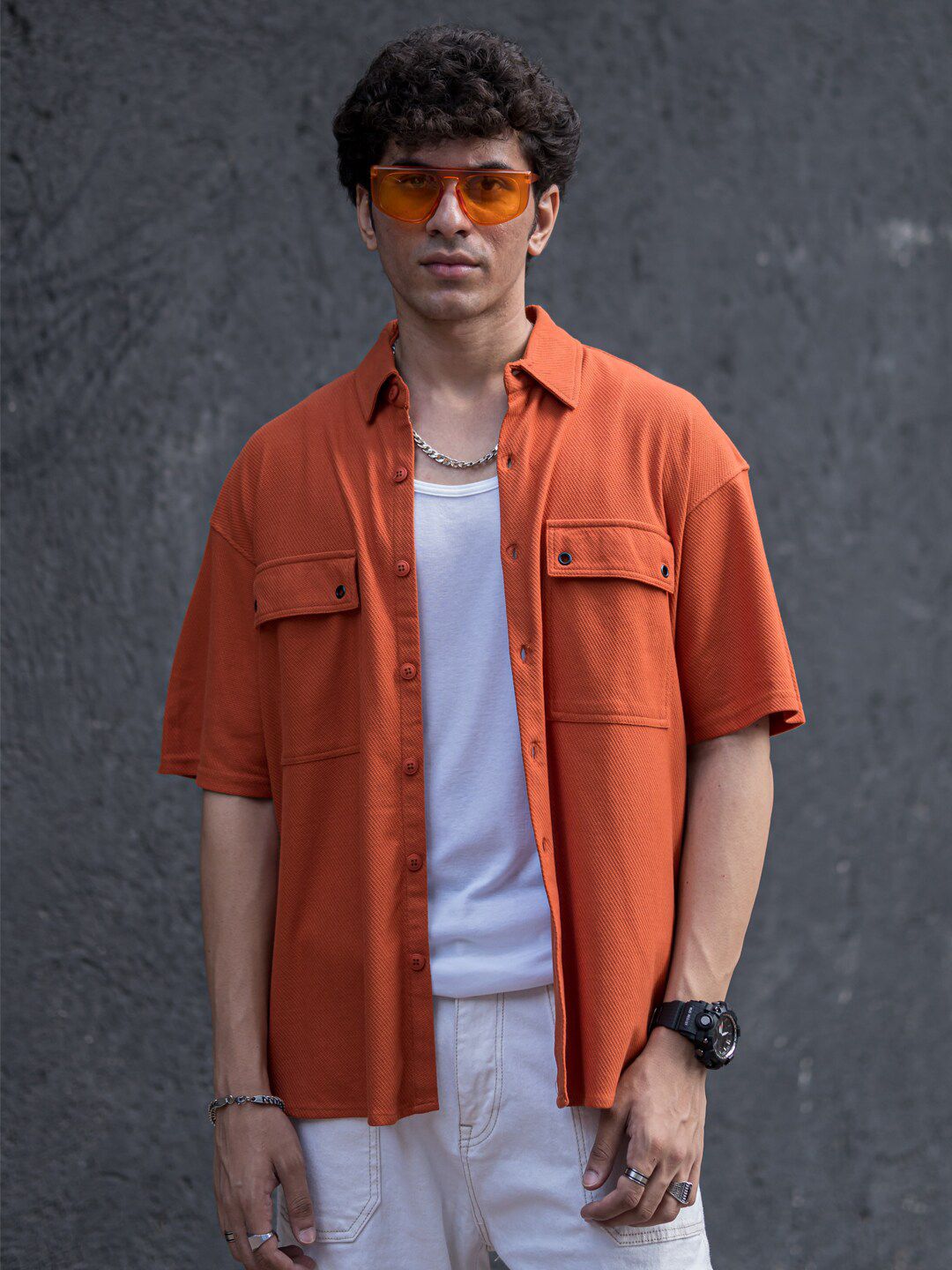 Powerlook Orange Boxy Opaque Drop Shoulder Casual Shirt