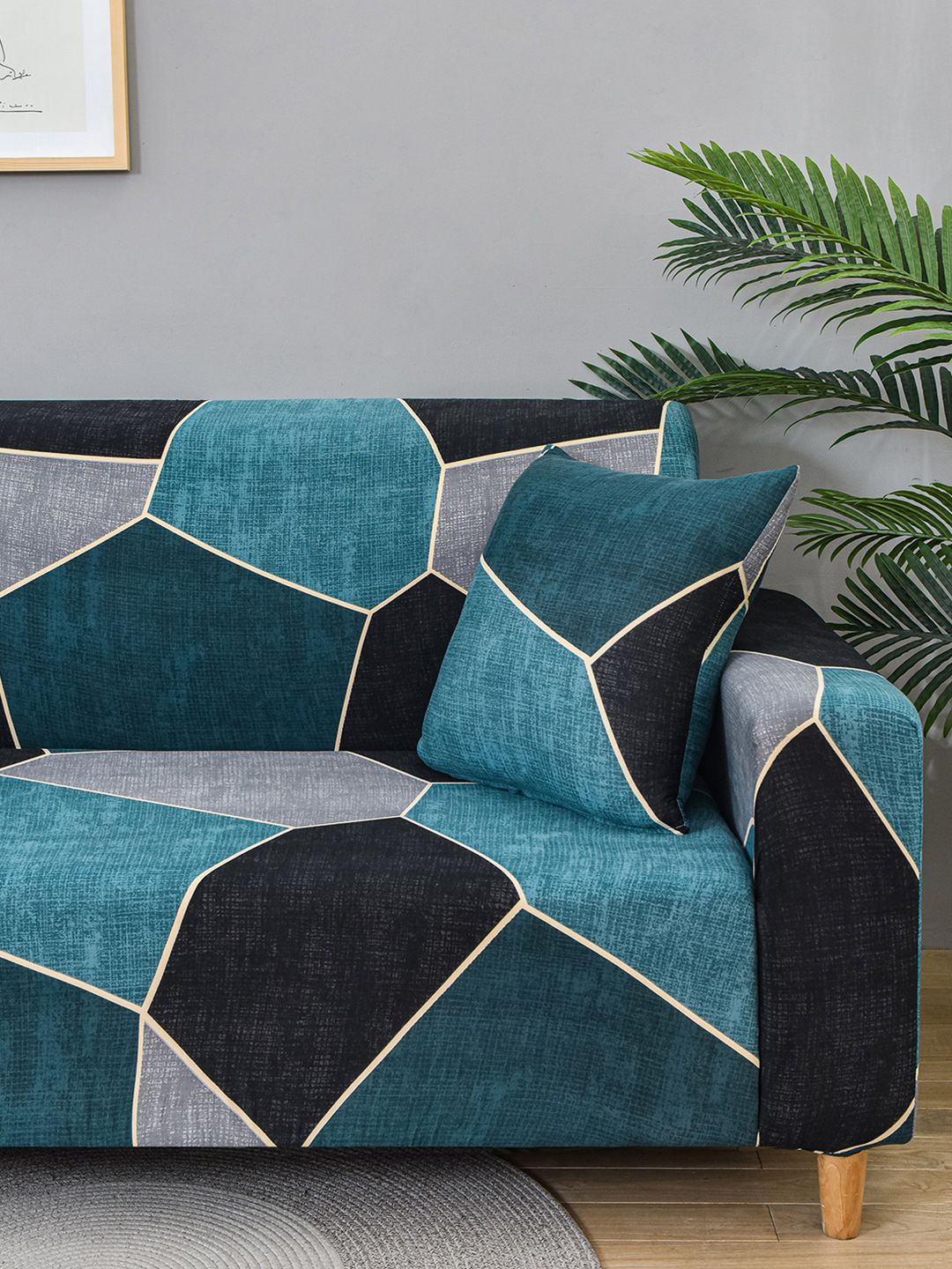 Story@home Blue & Black Printed 2 Seater Stretchable Sofa Cover With Arms