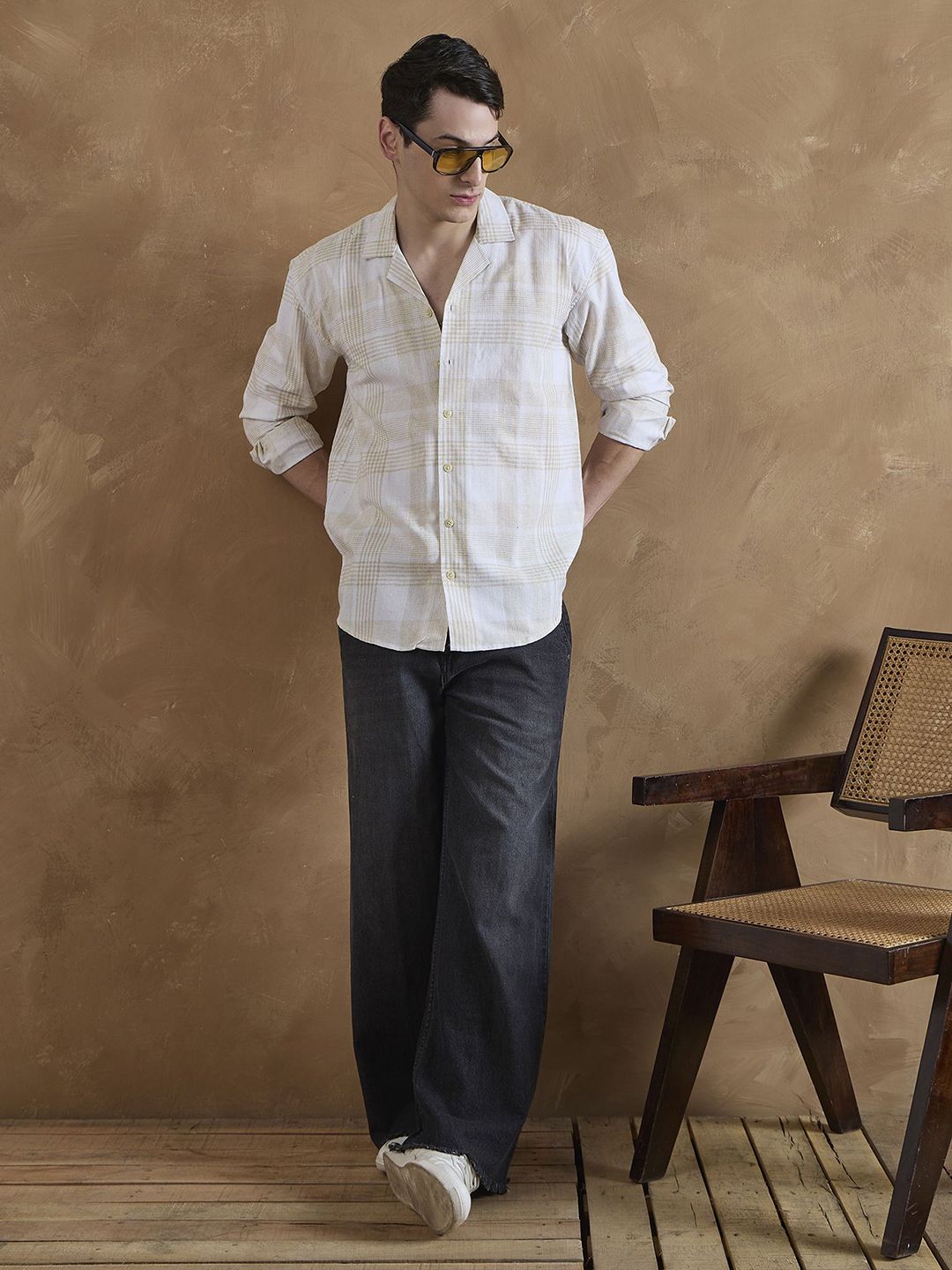 DENNISON Yellow and White Oversized Cuban Collar Checkered Shirt