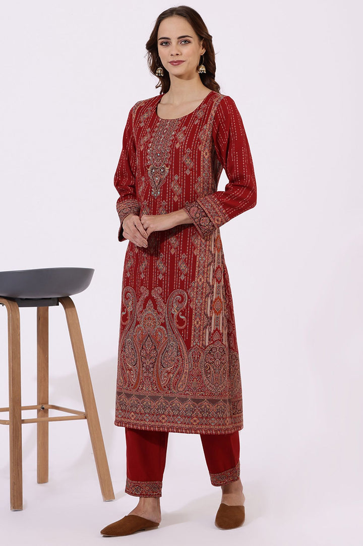 W Floral Printed U-Neck Straight Kurta With Trousers And Dupatta
