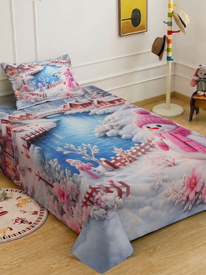 KLOTTHE Pink & Blue Printed 300 TC Single Bedsheet With Pillow Covers- 2.25 m x 1.5 m