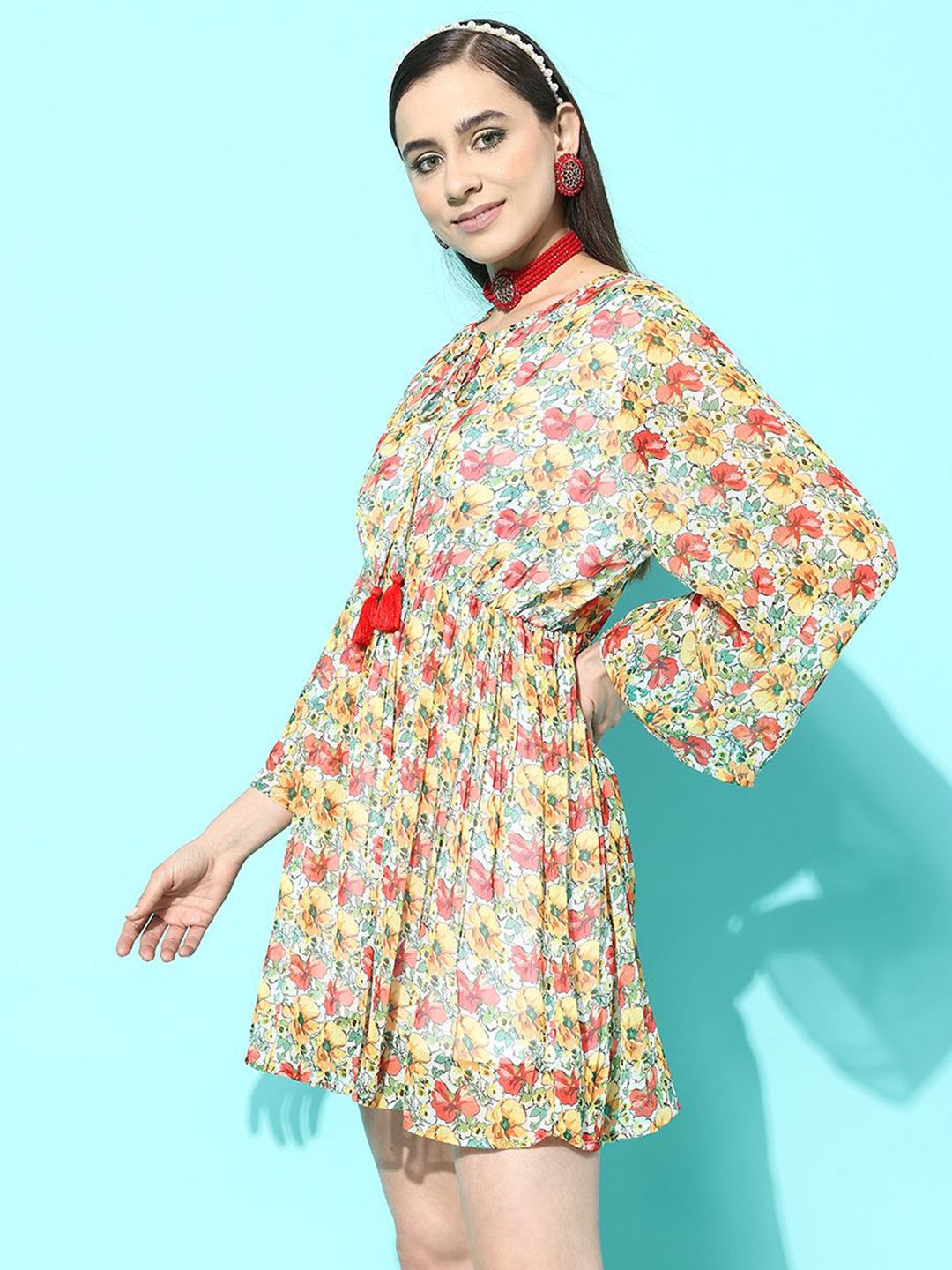 Indo Era Floral Print Tie-Up Neck Puff Sleeve Georgette A-Line Dress