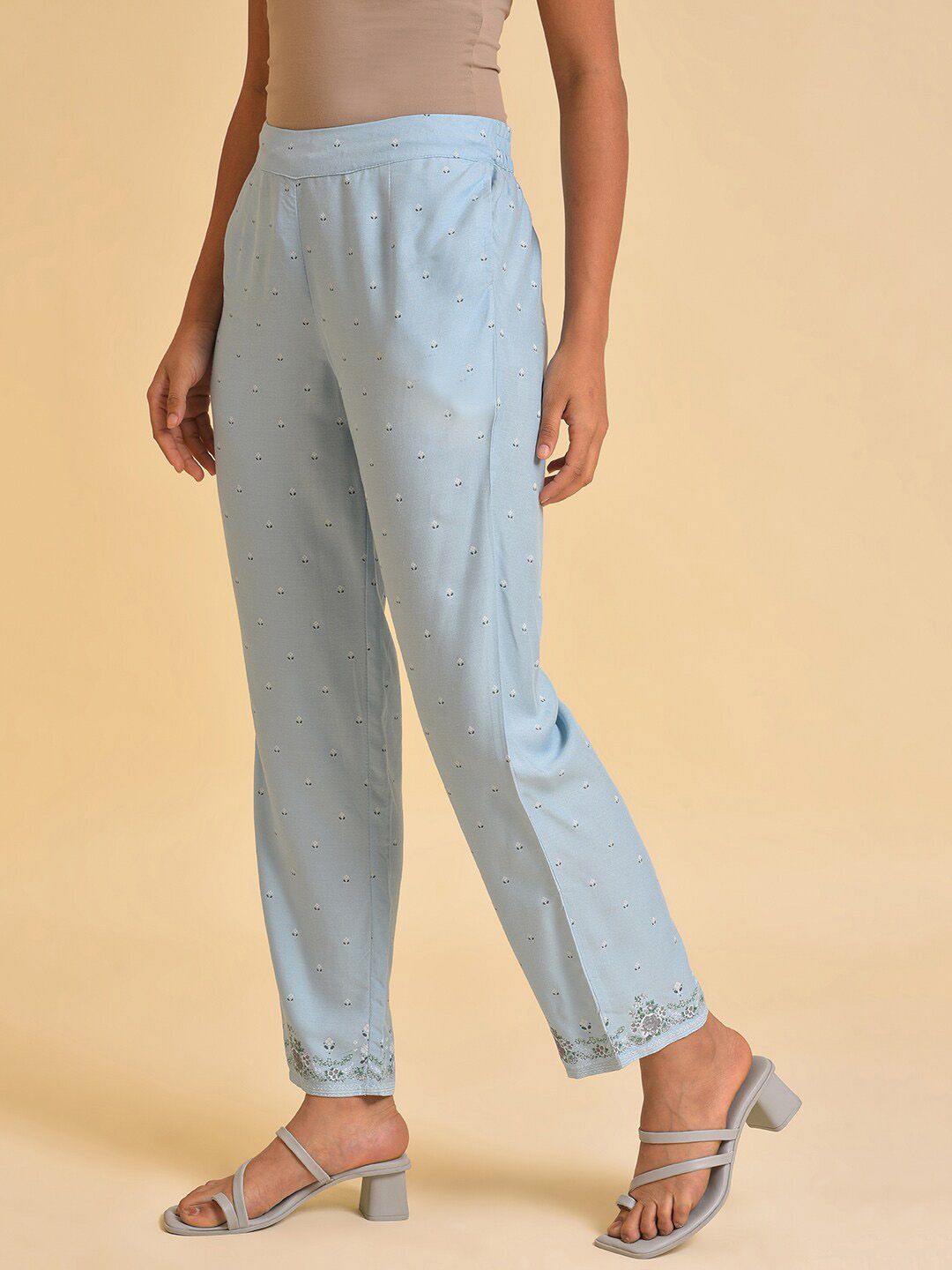 W Women Blue Floral Printed Slim Fit Trousers