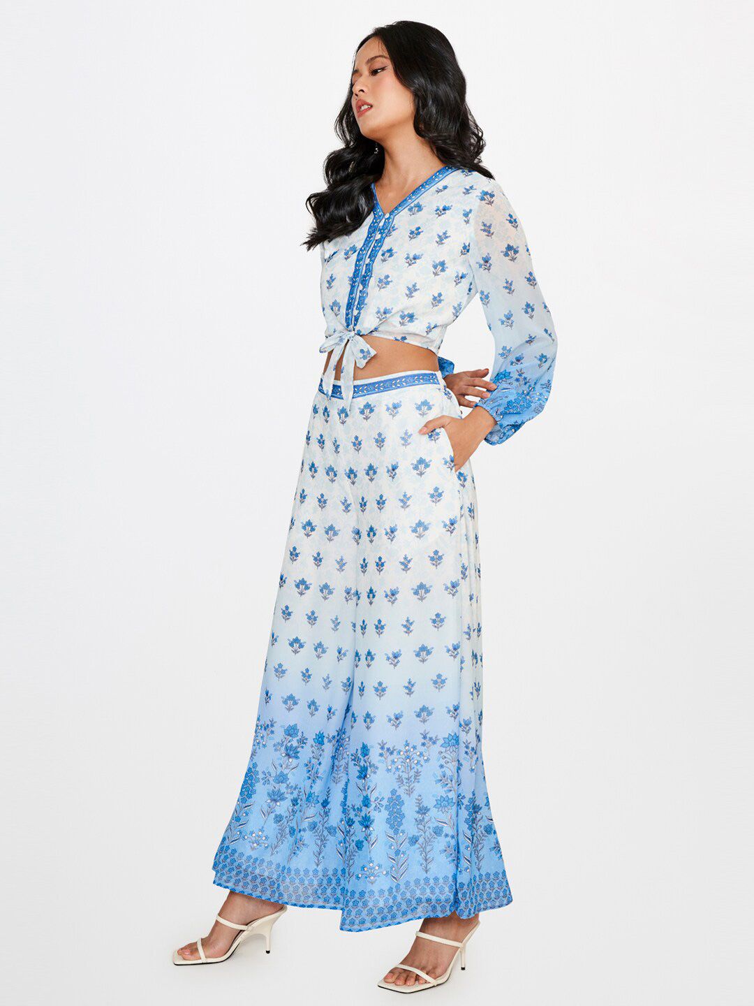 Global Desi Blue & White Printed Top with Palazzo